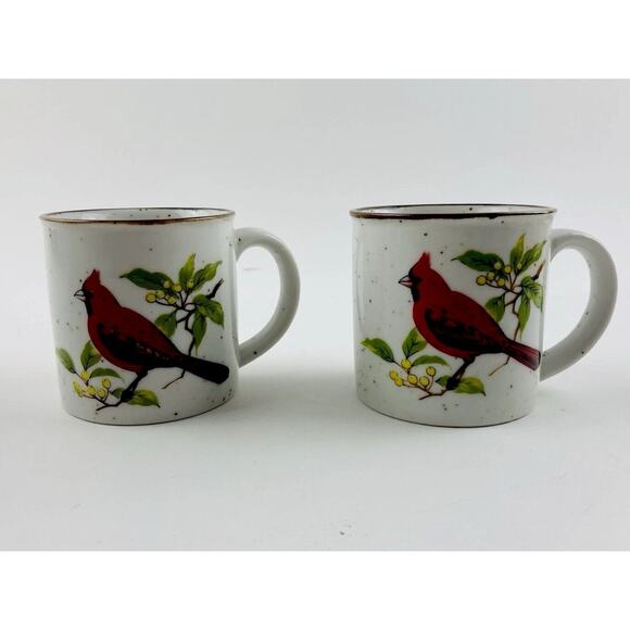 Set 2- Vintage Speckled Stoneware Red Cardinal Bird Ceramic Coffee Mugs Cups Tea - Picture 13 of 13